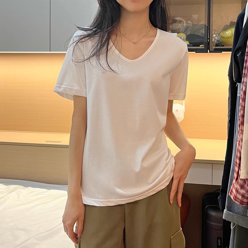 White Short-Sleeved U-Collar T-Shirt Women'S Summer Solid Color Loose Slim-Fit Large Collarbone Leakage All-Match Top High-End Fashionable - Image 4
