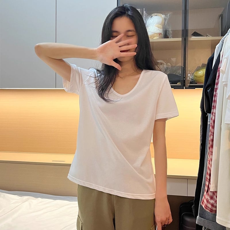 White Short-Sleeved U-Collar T-Shirt Women'S Summer Solid Color Loose Slim-Fit Large Collarbone Leakage All-Match Top High-End Fashionable - Image 5