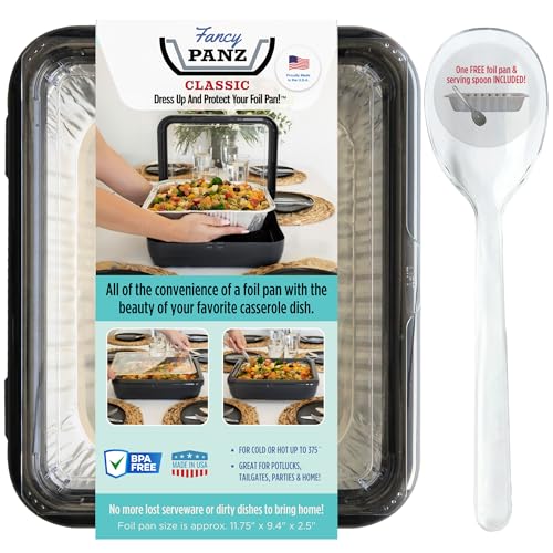 Fancy Panz Classic, Food Serving Tray, Made in the USA Foil Pan Carrier, Stackable Aluminum Pan Holders with Clear Lid, Travel Casserole Carrier With 1 Disposable Foil Pan & Serving Spoon, Charcoal - Image 1