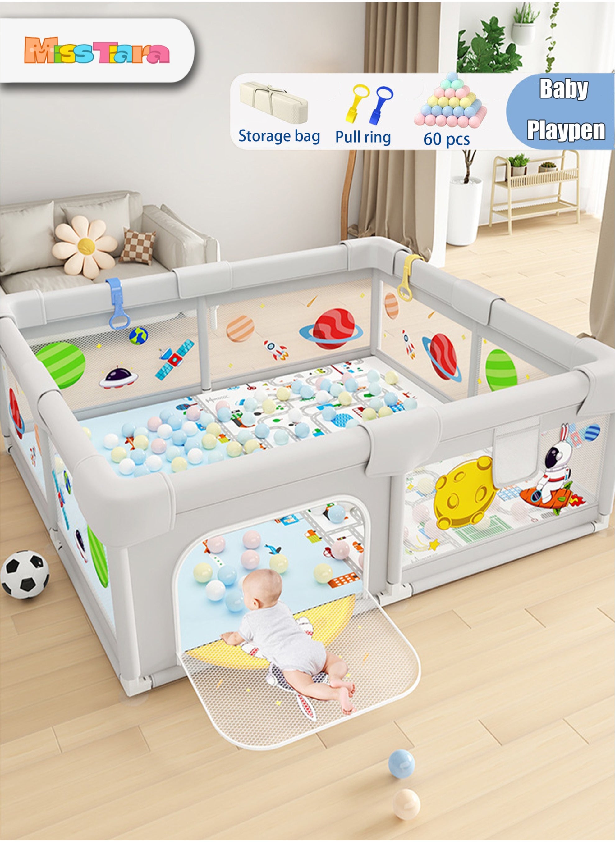 Baby Playpen, Extra Large Playard for Babies, Portable Indoor Outdoor Toddlers Safety Play Yard Activities with Breathable Mesh&Zipper Door, with 50pcs-Ocean Balls&Accessories 150×180cm 