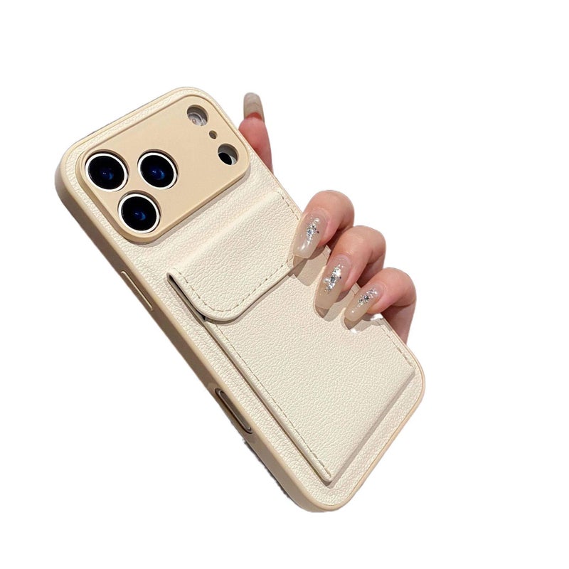 MS غطاء واقي بملمس جلد لـ iPhone 16 / 16 Plus / 16 Pro / 16 Pro Max مع حامل بطاقات وحماية من السقوط مع مقاوم للصدمات مع مقاوم لبصمات الأصابع مع حامل قائم باللون أبيض بوظيفة حامل بالل. - Image 1