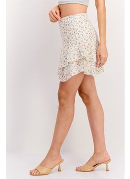 1 State Women Floral Print Pull On Casual Mini Skirts, White Combo  - Image 3