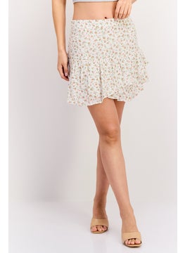1 State Women Floral Print Pull On Casual Mini Skirts, White Combo  - Image 1