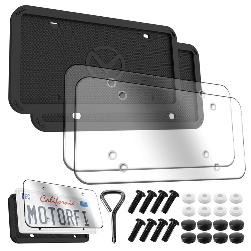 Motorfi 2 Pcs Silicone License Plate Frames with 2 Clear Polycarbonate Covers, Rust-Proof, Weather Resistant, Easy Installation, Premium License Plate Protector, Covers & Frames with 2 Drainage Holes - Image 1