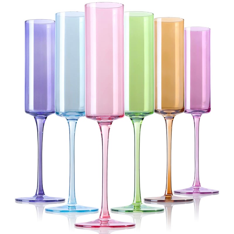 Physkoa Colored Champagne Flutes Set 6  Glass Champagne Glasses with Multi ColorLeadFree Crystal Colorful Champagne Glasses for BirthdayWeddingBridal Shower