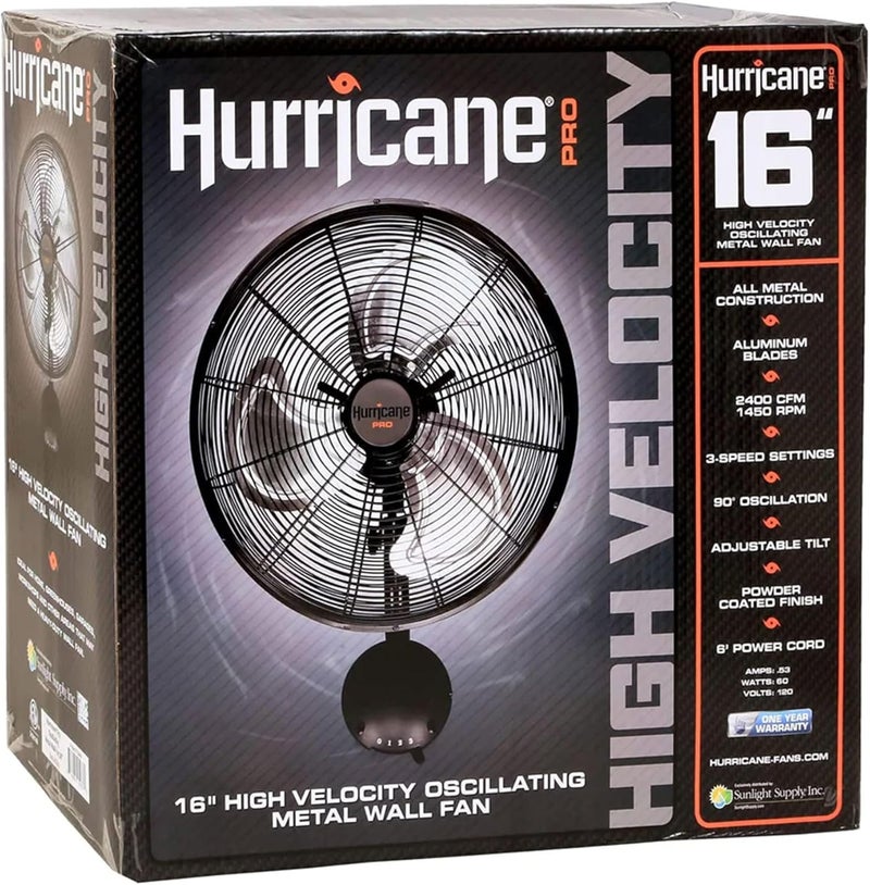 Hurricane Pro High Velocity Oscillating Metal Wall Mount Fan w/ 3 Speeds, Black, 16" - Corded Electric Air Cooling Unit w/ Powerful 2400 CFM Airflow for Home, Garage, Gym, Workshop & Greenhouse - Image 5