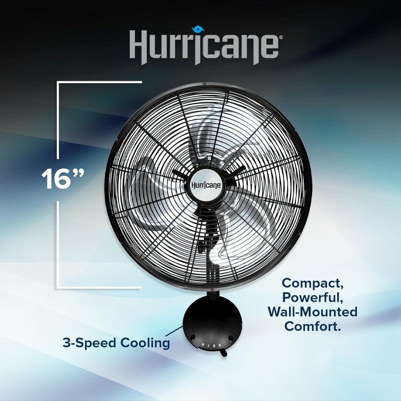 Hurricane Pro High Velocity Oscillating Metal Wall Mount Fan w/ 3 Speeds, Black, 16" - Corded Electric Air Cooling Unit w/ Powerful 2400 CFM Airflow for Home, Garage, Gym, Workshop & Greenhouse - Image 2
