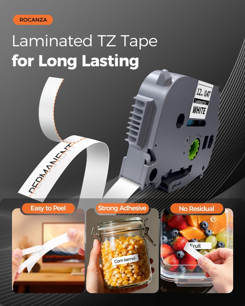 Rocanza 12mm 0.47 Laminated White Tz Tape Compatible for Brother Label Maker Tape TZe-231 TZe231 Work with PTouch PT-D220 D210 H110 D200 D400 1280 D610BT 1880 1830 Refills, TZ TZe 1/2" Black on White, 4-Pack - Image 3