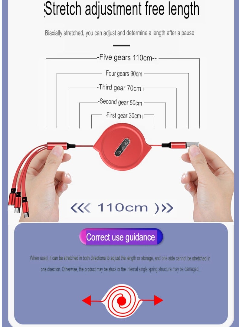 AROAQ 3-in-1 Double-pull Charging Cable, Retractable USB Charging Cable, Fast Charging USB-a To Type-c/micro-USB/lightning, Compatible With Samsung Huawei Xiaomi Oppo. (Pink) - Image 3