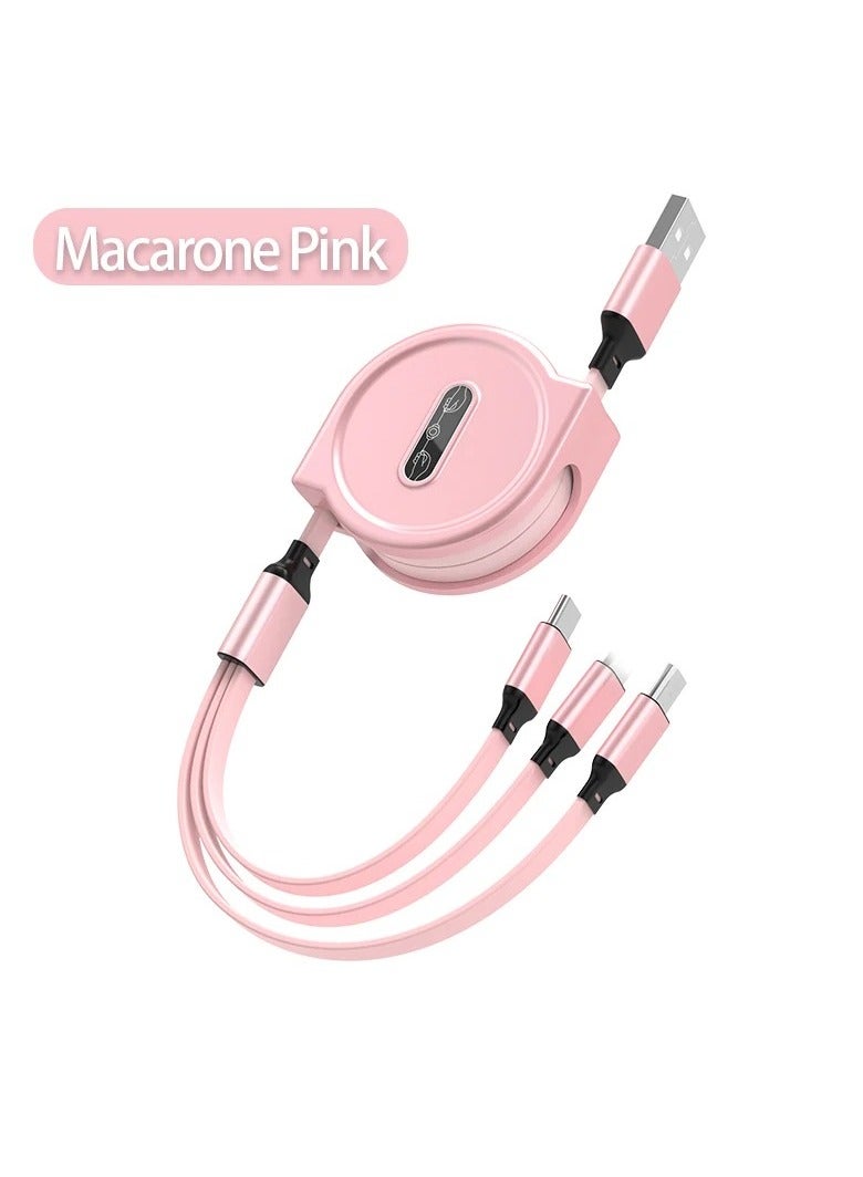 AROAQ 3-in-1 Double-pull Charging Cable, Retractable USB Charging Cable, Fast Charging USB-a To Type-c/micro-USB/lightning, Compatible With Samsung Huawei Xiaomi Oppo. (Pink) - Image 1