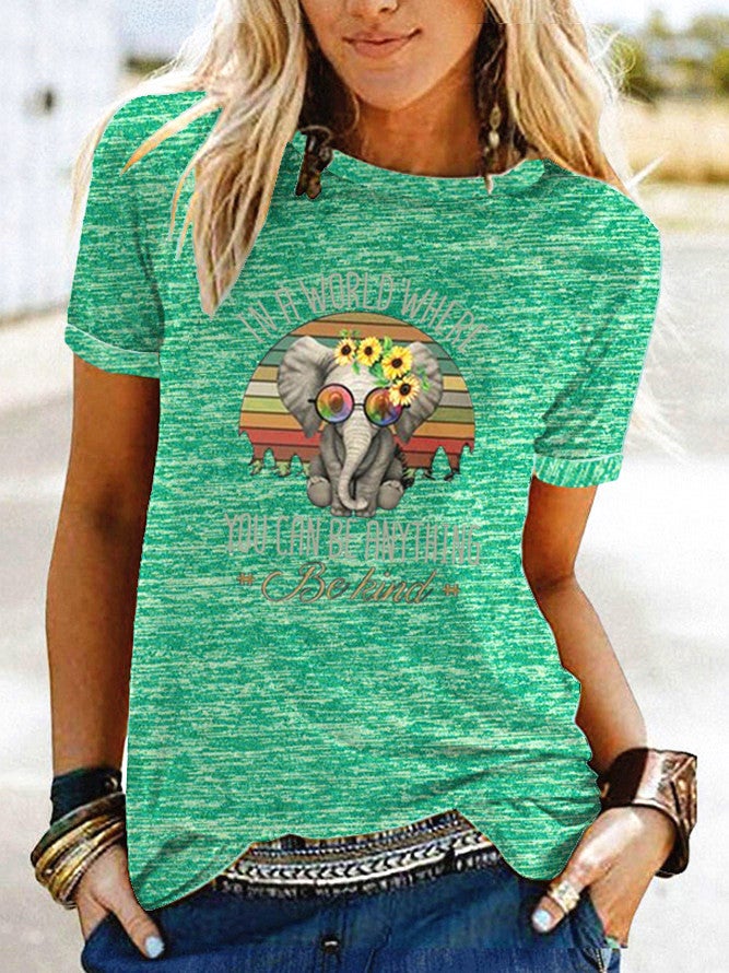 Wish Fun Elephant Pattern Printed Contrast Short-Sleeved T-Shirt For Women - Image 1