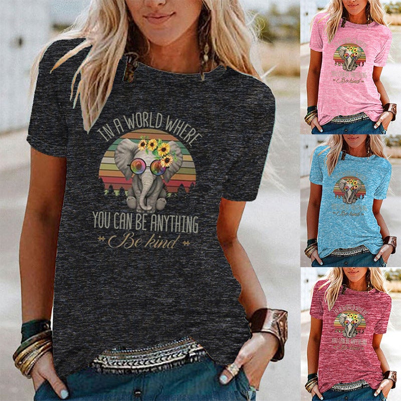Wish Fun Elephant Pattern Printed Contrast Short-Sleeved T-Shirt For Women - Image 2