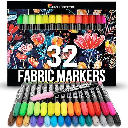 Zenacolor 32 Fabric Markers Pens - Non Toxic, Indelible and Permanent Fabric Paint Pens - Fine Point Tip Textile Marker Pen - Image 1
