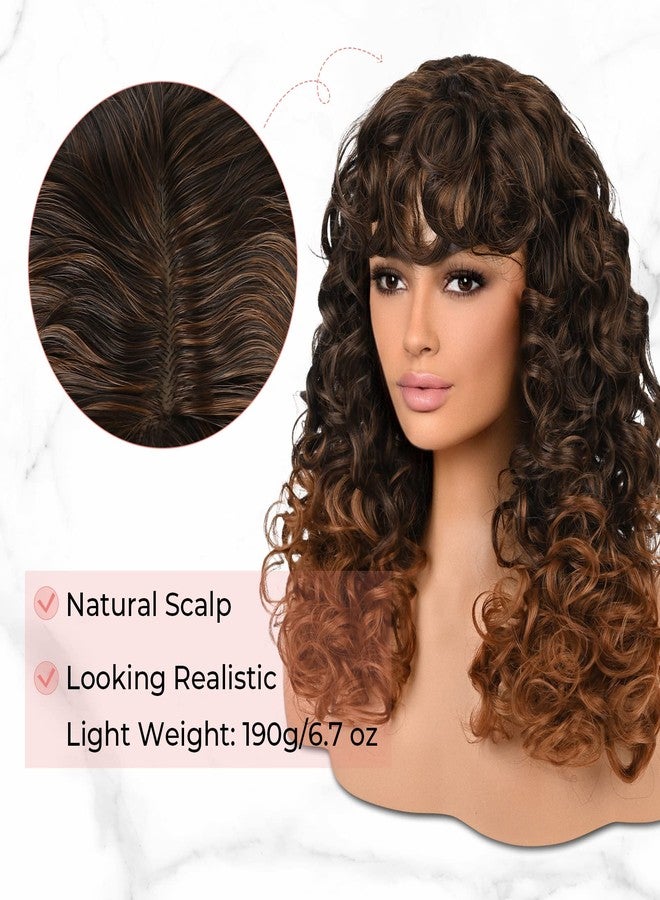 لوناي باروكة لوناي مجعدة مع غرة للنساء، شعر مستعار طويل بني متدرج مع غرة، WIG006، باروكة شعر مستعار صناعية مجعدة للاستخدام اليومي، للحفلات التنكرية - تدرج من البني الداكن إلى البني اللوزي - Image 3