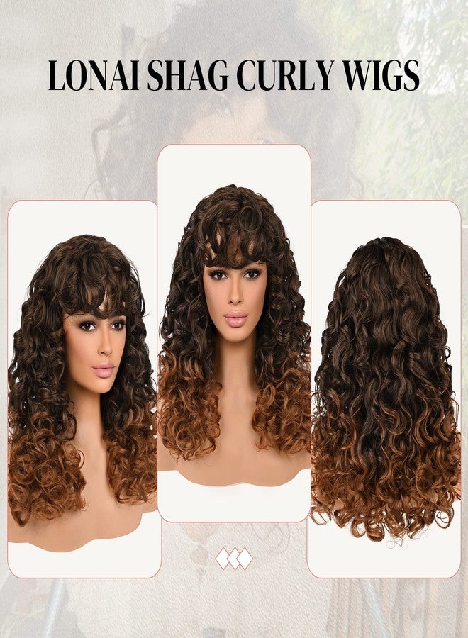 لوناي باروكة لوناي مجعدة مع غرة للنساء، شعر مستعار طويل بني متدرج مع غرة، WIG006، باروكة شعر مستعار صناعية مجعدة للاستخدام اليومي، للحفلات التنكرية - تدرج من البني الداكن إلى البني اللوزي - Image 4