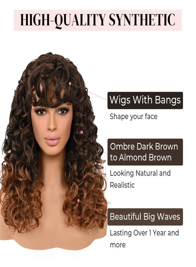 لوناي باروكة لوناي مجعدة مع غرة للنساء، شعر مستعار طويل بني متدرج مع غرة، WIG006، باروكة شعر مستعار صناعية مجعدة للاستخدام اليومي، للحفلات التنكرية - تدرج من البني الداكن إلى البني اللوزي - Image 2