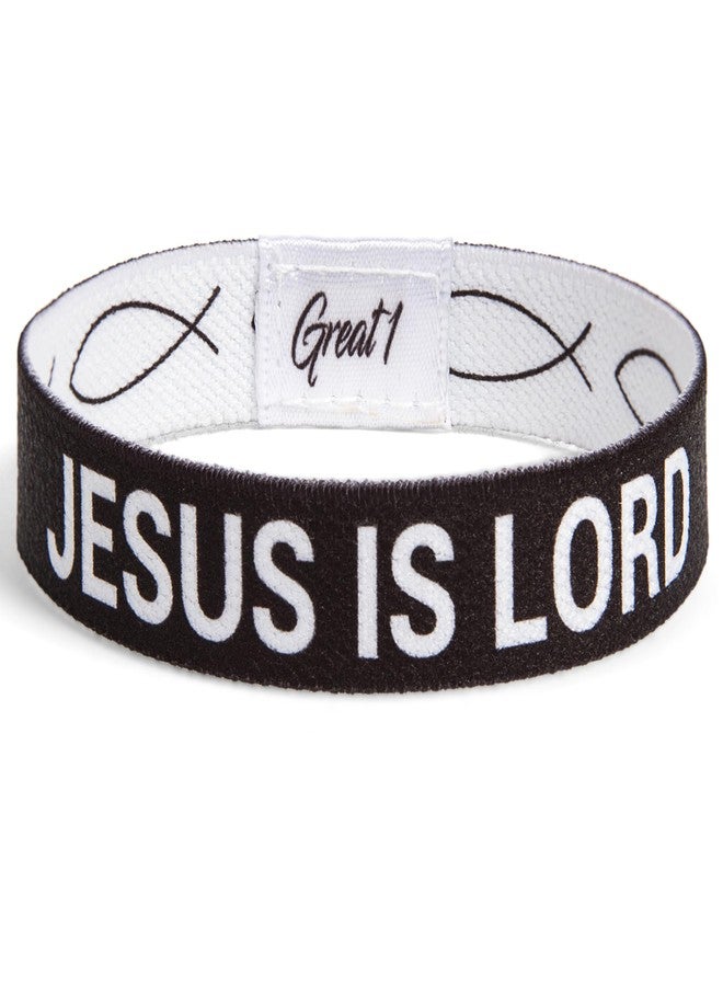 Great 1 JESUS IS LORD Ichthys Symbol/Jesus Fish Bracelet - Inspirational Religious Christian Reversible Stretch Wristband (Black, Medium) - Image 1