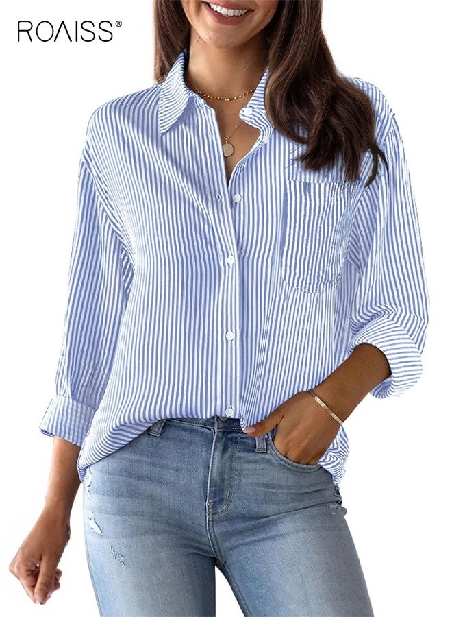 roaiss Women's Button Down Shirts Striped Dress Shirts Long Sleeve Button Up Collared Office Work Blouses Tops Classic Casual Shirt Top with Pocket for Women - Image 1