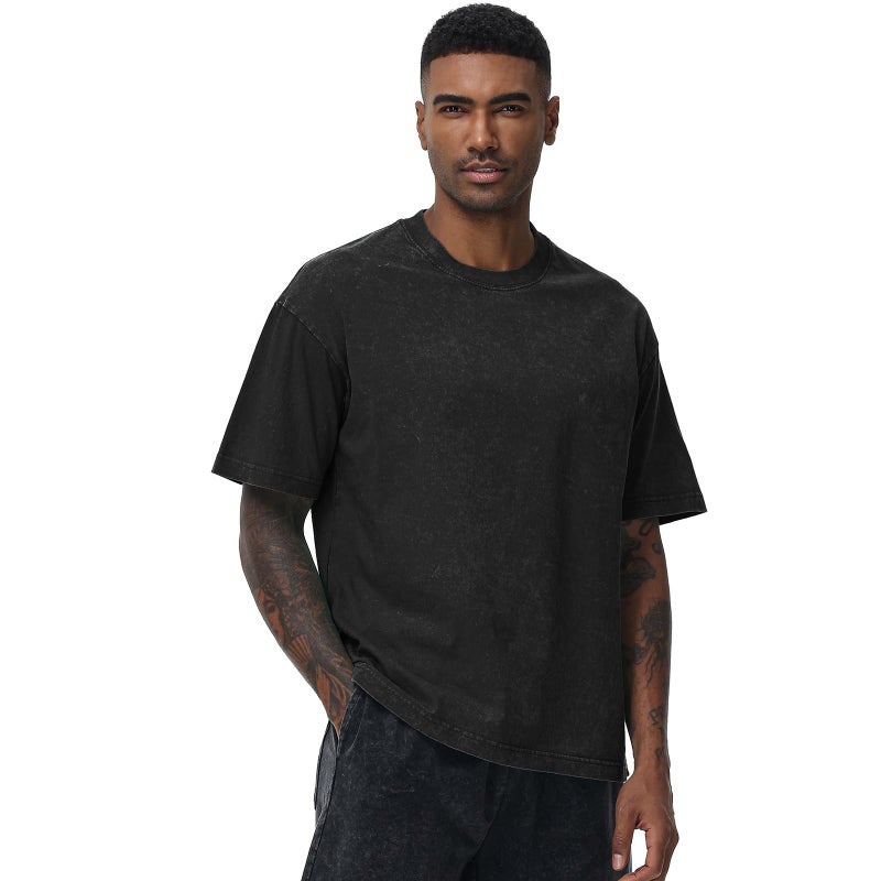 SnowElve Men's Oversized Cotton T-Shirts Loose Fit Vintage Washed Tee Unisex Short Sleeve Casual Shirts Tops(Black,m) - Image 2