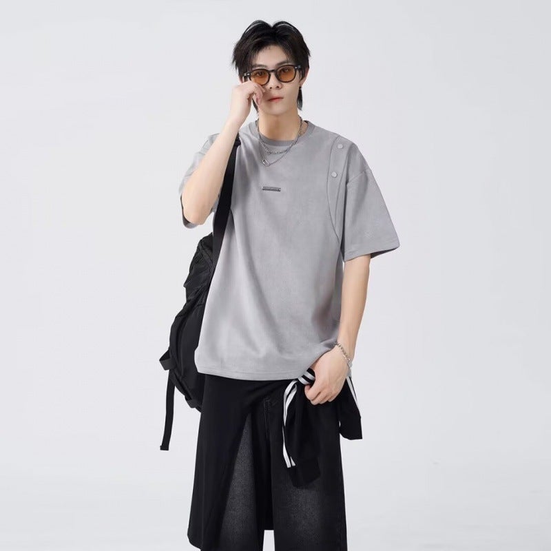 American Suede Stitching Short-Sleeved T-Shirt Men'S Summer Loose Fashioned Brand High Street High-End Shape Casual Couple Half-Sleeved - Image 5