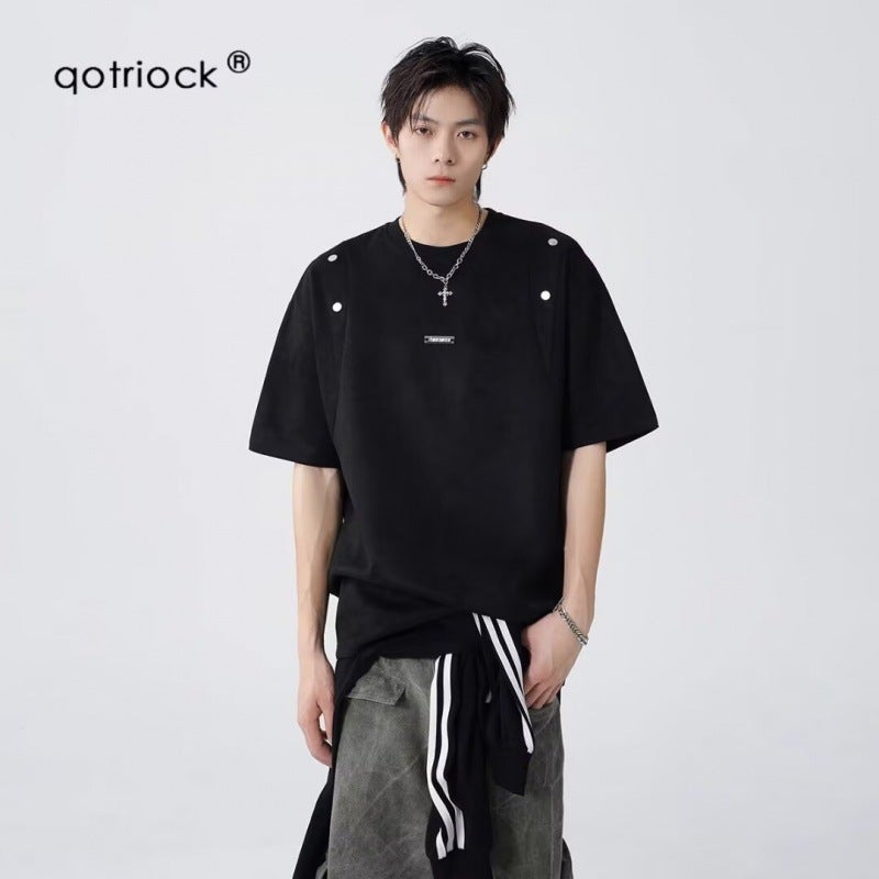 American Suede Stitching Short-Sleeved T-Shirt Men'S Summer Loose Fashioned Brand High Street High-End Shape Casual Couple Half-Sleeved - Image 2