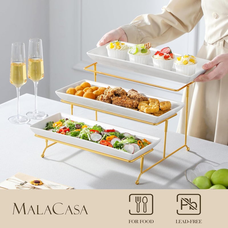 MALACASA 3 Tier Serving Trays for Party, 14 Inch Porcelain White Trays for Serving Food, Dessert Stand with Collapsible Gold Metal Rack - Image 3