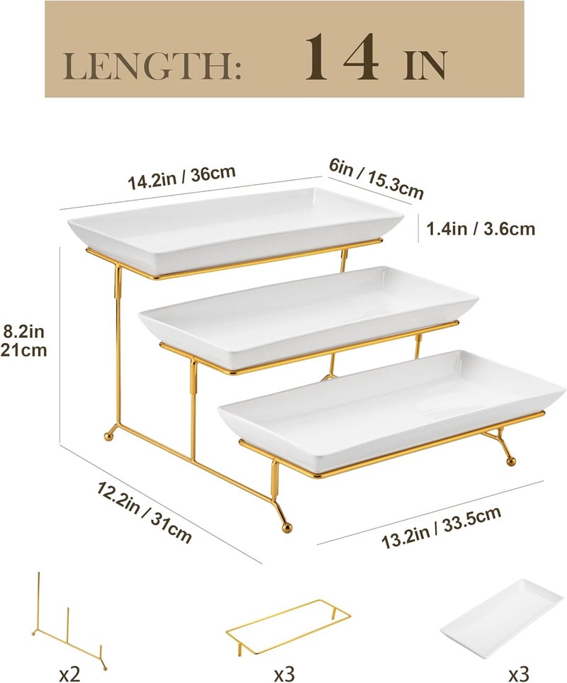 MALACASA 3 Tier Serving Trays for Party, 14 Inch Porcelain White Trays for Serving Food, Dessert Stand with Collapsible Gold Metal Rack - Image 2