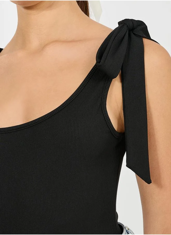 ستايلي Tie-Up Strap Rib Wide Neck Bodysuit