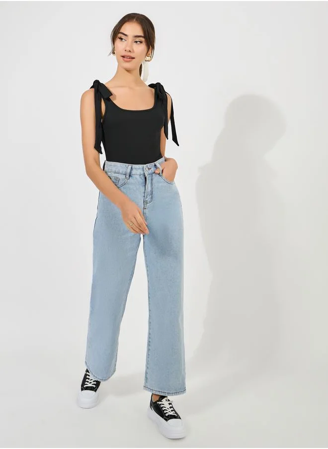 ستايلي Tie-Up Strap Rib Wide Neck Bodysuit