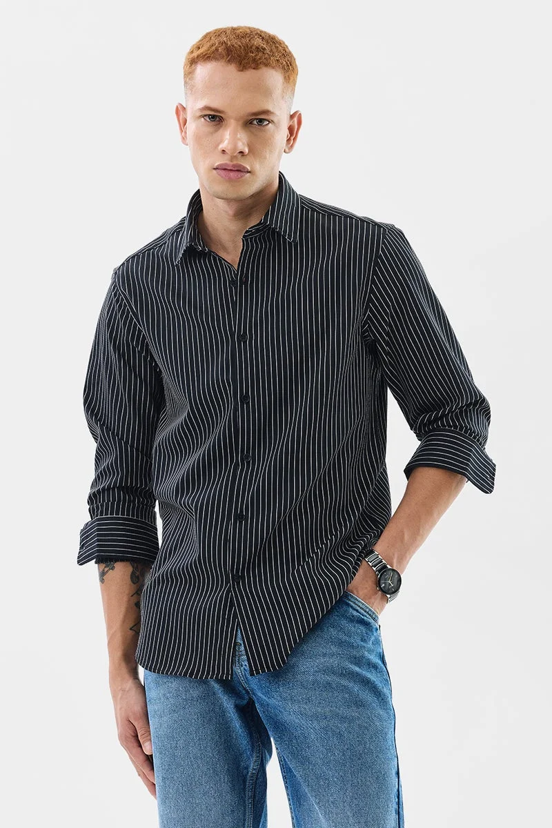SNITCH Black Striped Long Sleeve Slim Fit Formal Luxe Shirt