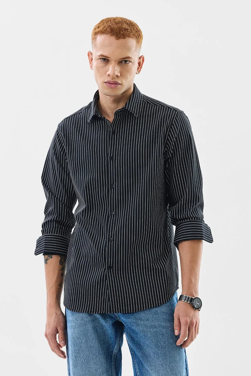 SNITCH Black Striped Long Sleeve Slim Fit Formal Luxe Shirt