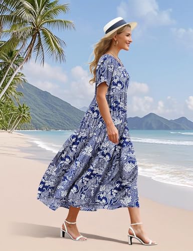YESNO Women's Summer Maxi Dresses Casual Floral Short Sleeve V Neck Boho Beach Vacation Swing Dress with Pockets 2XL EVF CR488 - Image 3