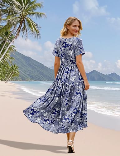 YESNO Women's Summer Maxi Dresses Casual Floral Short Sleeve V Neck Boho Beach Vacation Swing Dress with Pockets 2XL EVF CR488 - Image 4