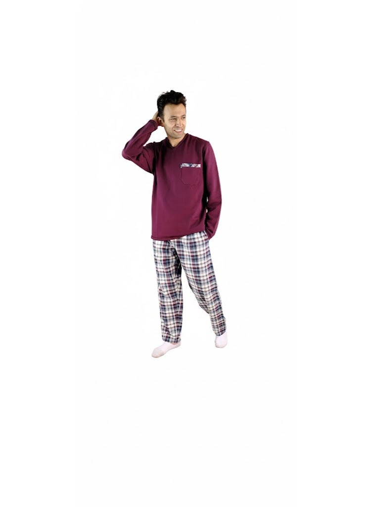 Jet Men Winter Pajama Set Long Sleeve & Carreau Bottom-Burgundy