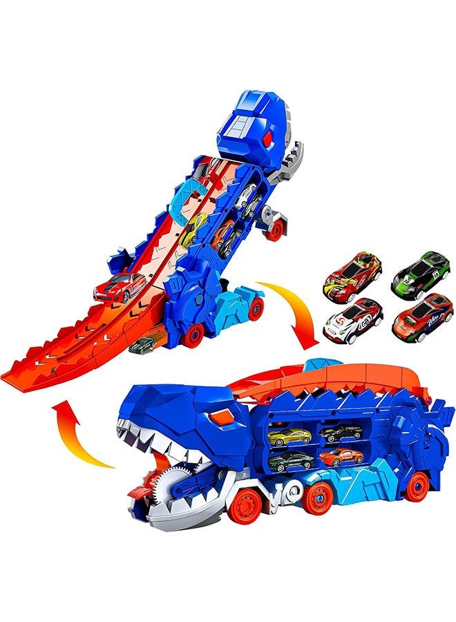 YelaJoy Dinosaur Truck Toys, 3 in1 T-Rex Dinosaur Transporter Car Carrier with 25" Foldable Sliding Dual Race Track and 4 Metal Cars, City Dinosaur Ultimate Hauler Track Toy Transforms into Dino, Toys Birthday Gifts for 3+ Years Old Boys and Girls(4 Cars)  - Image 1
