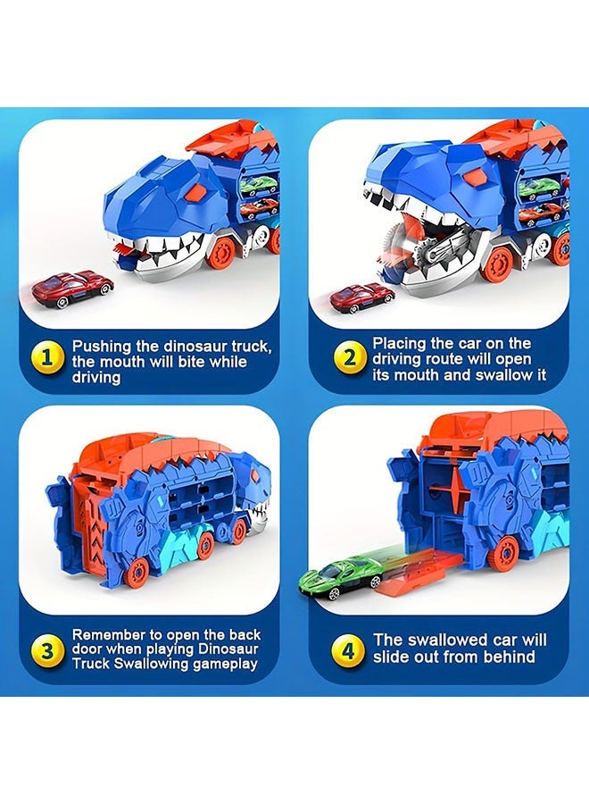 YelaJoy Dinosaur Truck Toys, 3 in1 T-Rex Dinosaur Transporter Car Carrier with 25" Foldable Sliding Dual Race Track and 4 Metal Cars, City Dinosaur Ultimate Hauler Track Toy Transforms into Dino, Toys Birthday Gifts for 3+ Years Old Boys and Girls(4 Cars)  - Image 5