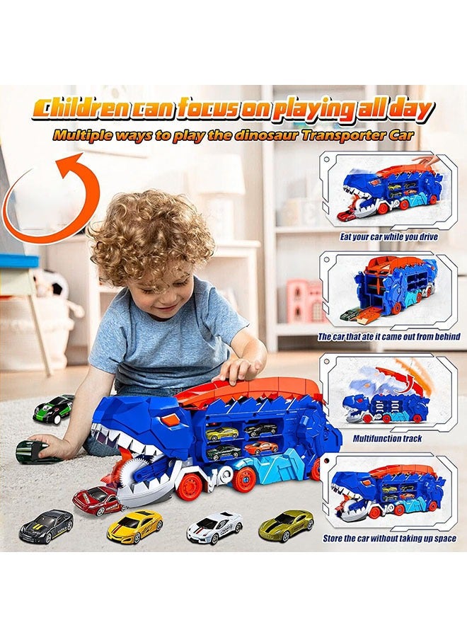 YelaJoy Dinosaur Truck Toys, 3 in1 T-Rex Dinosaur Transporter Car Carrier with 25" Foldable Sliding Dual Race Track and 4 Metal Cars, City Dinosaur Ultimate Hauler Track Toy Transforms into Dino, Toys Birthday Gifts for 3+ Years Old Boys and Girls(4 Cars)  - Image 3