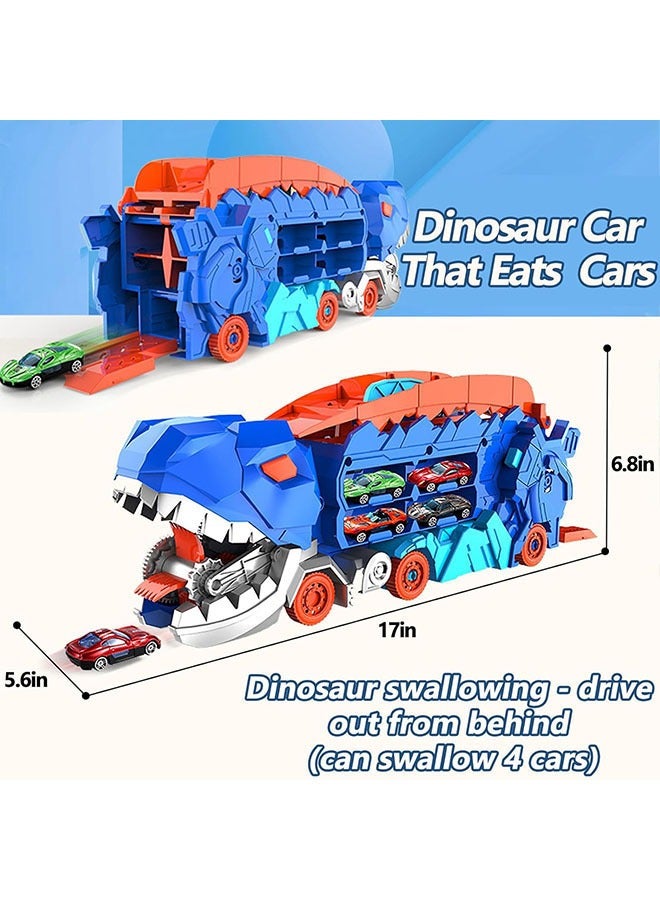 YelaJoy Dinosaur Truck Toys, 3 in1 T-Rex Dinosaur Transporter Car Carrier with 25" Foldable Sliding Dual Race Track and 4 Metal Cars, City Dinosaur Ultimate Hauler Track Toy Transforms into Dino, Toys Birthday Gifts for 3+ Years Old Boys and Girls(4 Cars)  - Image 4