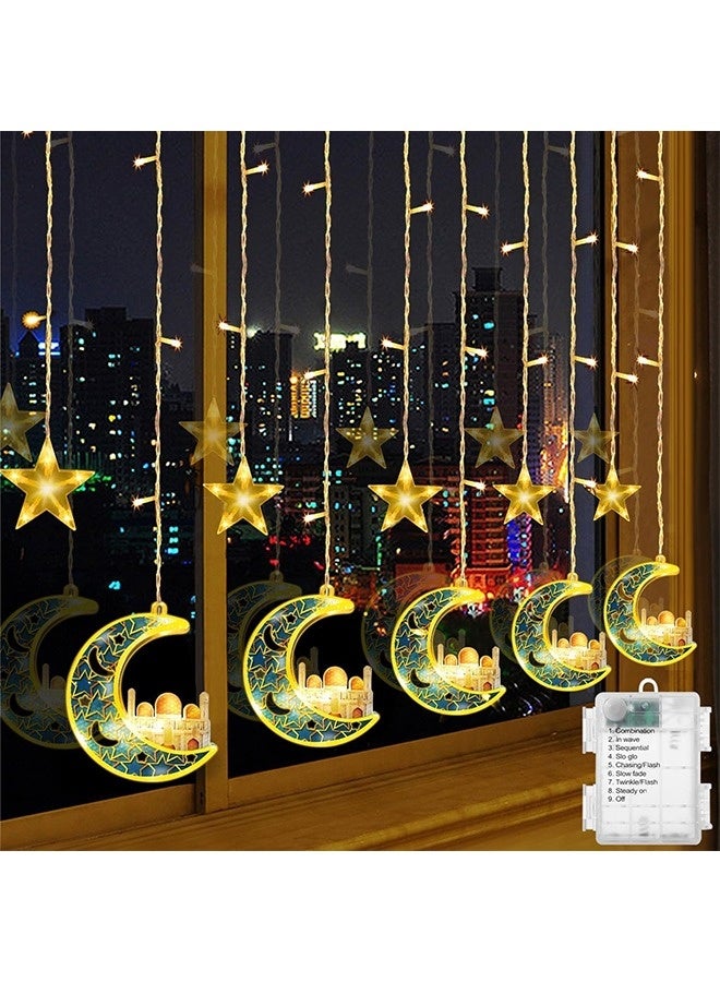 نيبمينينت إضاءة رمضان، زينة إضاءة رمضان، زينة رمضان للمنزل، أضواء سلسلة م hanging لتعليق النجوم والأقمار للمنزل داخليًا أو خارجيًا (مع 5 نجوم و5 أقمار على شكل قلعة)  - Image 1
