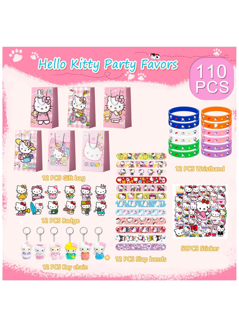 FRUITFUL PARTY Kitty Birthday Party Favors for 12 Guests, Hello Kitty Birthday Party Supplies Include Gift Bag Slap bands Keychains Stickers Badge Wristband for Kawaii Theme Party Gifts  - Image 2