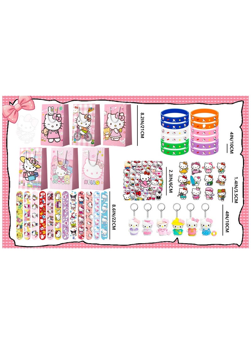 FRUITFUL PARTY Kitty Birthday Party Favors for 12 Guests, Hello Kitty Birthday Party Supplies Include Gift Bag Slap bands Keychains Stickers Badge Wristband for Kawaii Theme Party Gifts  - Image 3