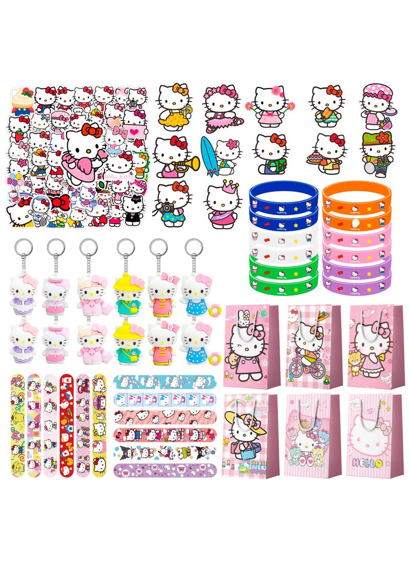 FRUITFUL PARTY Kitty Birthday Party Favors for 12 Guests, Hello Kitty Birthday Party Supplies Include Gift Bag Slap bands Keychains Stickers Badge Wristband for Kawaii Theme Party Gifts  - Image 1