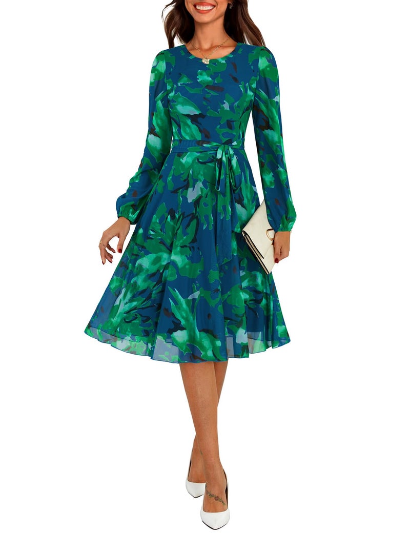 Zattcas Womens 2026 Spring Fall Mesh Floral Long Sleeve Midi Dress Crew Neck Puff Sleeve A Line Petite Winter Christmas Holiday Party Cocktail Wedding Guest Dress Green M - Image 1