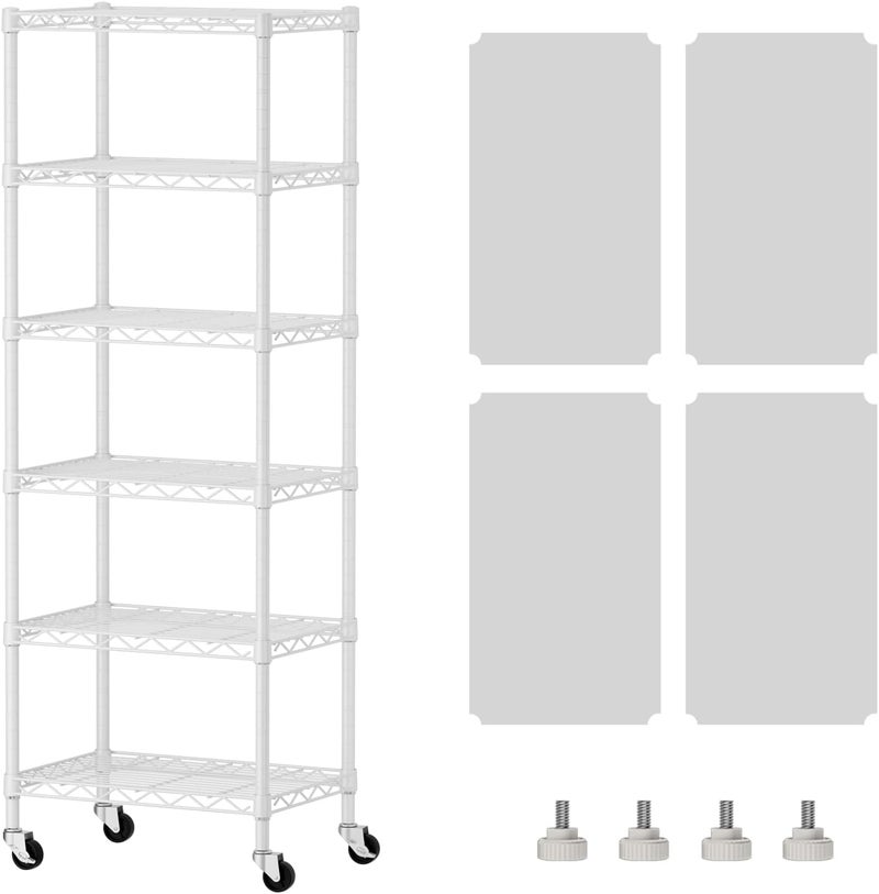 SINGAYE 6 Shelves Storage Shelf Wire Closet Bathroom Organizers Metal Pantry Kitchen Small Garage Shelving Unit Laundry Room Organization Home Narrow Rack Net Basket with Wheels White - Image 1