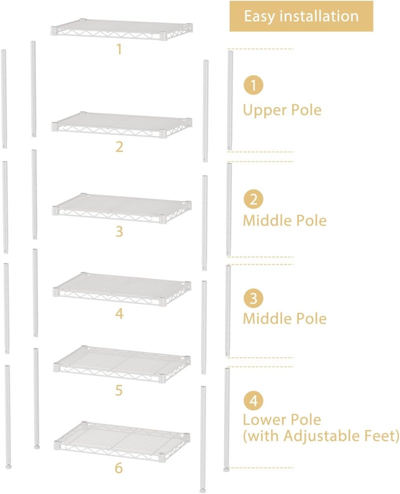 SINGAYE 6 Shelves Storage Shelf Wire Closet Bathroom Organizers Metal Pantry Kitchen Small Garage Shelving Unit Laundry Room Organization Home Narrow Rack Net Basket with Wheels White - Image 3