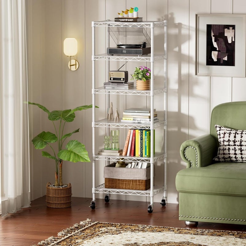 SINGAYE 6 Shelves Storage Shelf Wire Closet Bathroom Organizers Metal Pantry Kitchen Small Garage Shelving Unit Laundry Room Organization Home Narrow Rack Net Basket with Wheels White - Image 2
