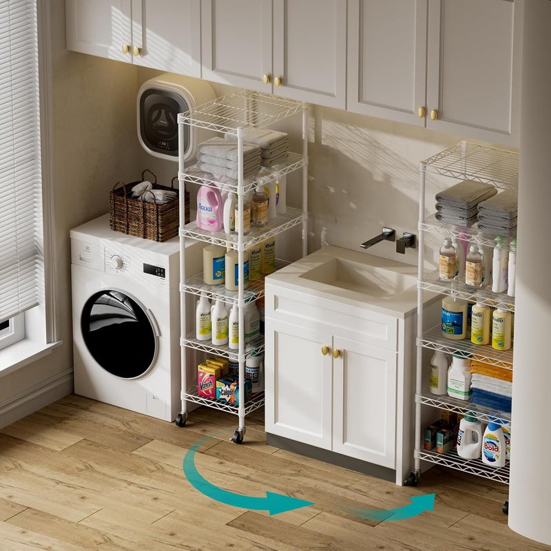 SINGAYE 6 Shelves Storage Shelf Wire Closet Bathroom Organizers Metal Pantry Kitchen Small Garage Shelving Unit Laundry Room Organization Home Narrow Rack Net Basket with Wheels White - Image 4