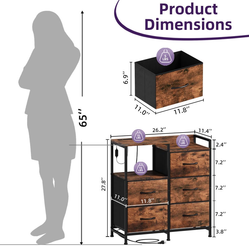 Somdot Nightstand with Charging Station and LED Light, Wide 5 Drawers Dresser for Bedroom with Fabric Bins and Open Shelf for Bedroom Kids Closet Dorm Guest Room, Wood Grain Print - Image 2