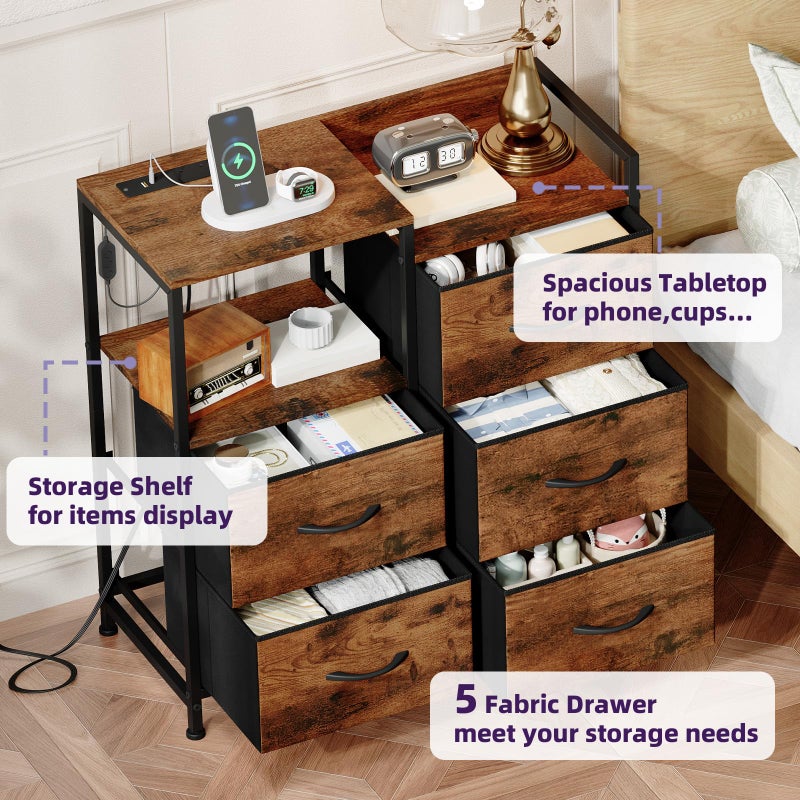 Somdot Nightstand with Charging Station and LED Light, Wide 5 Drawers Dresser for Bedroom with Fabric Bins and Open Shelf for Bedroom Kids Closet Dorm Guest Room, Wood Grain Print - Image 5