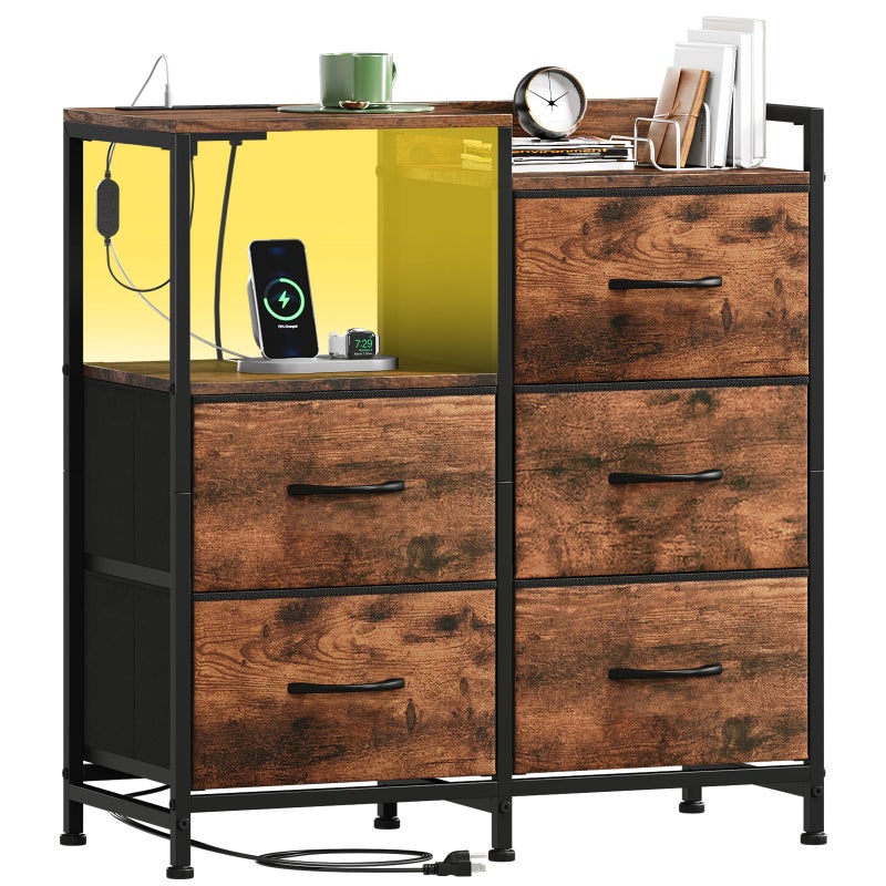 Somdot Nightstand with Charging Station and LED Light, Wide 5 Drawers Dresser for Bedroom with Fabric Bins and Open Shelf for Bedroom Kids Closet Dorm Guest Room, Wood Grain Print - Image 1